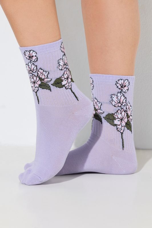 Ribbed Cuff Floral Detail Crew Socks