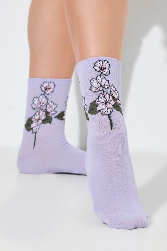 Ribbed Cuff Floral Detail Crew Socks