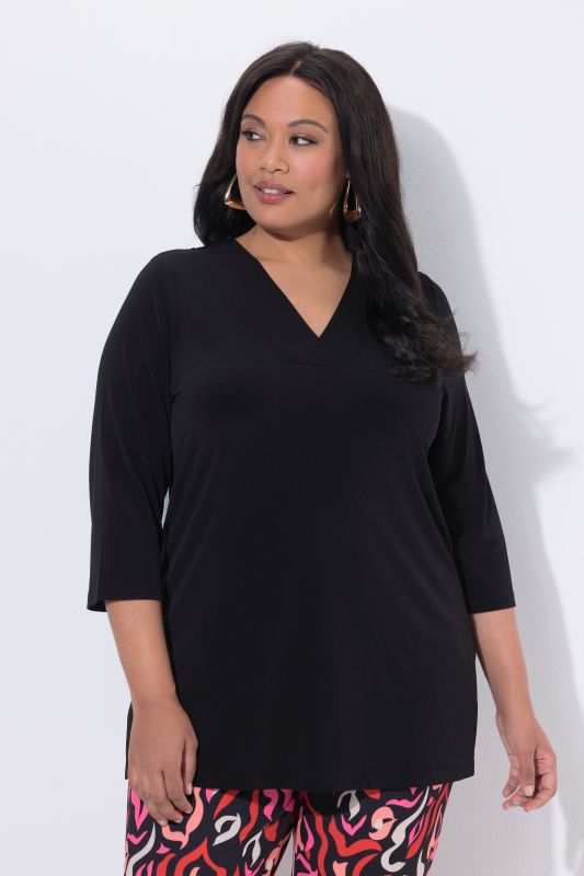 Matte Jersey V-Neck Swing Vented Three Quarter Sleeve Tunic