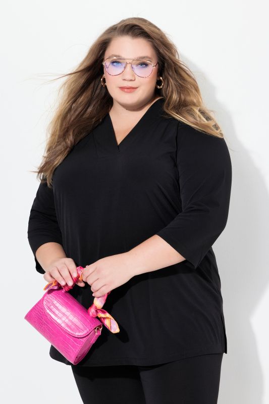 Matte Jersey V-Neck Swing Vented Three Quarter Sleeve Tunic