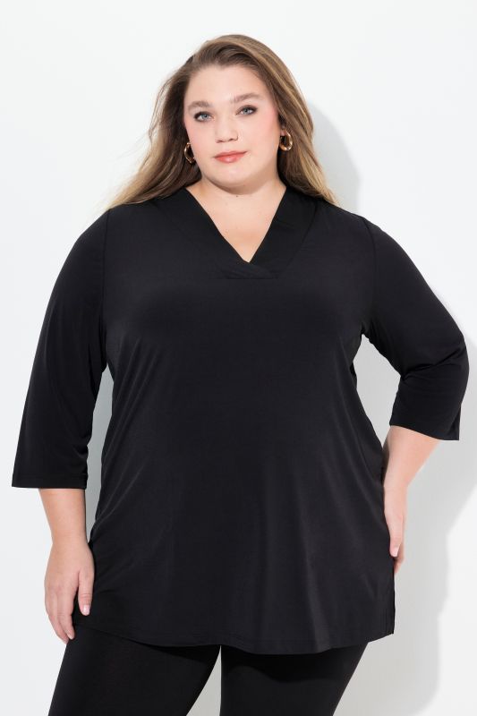 Matte Jersey V-Neck Swing Vented Three Quarter Sleeve Tunic