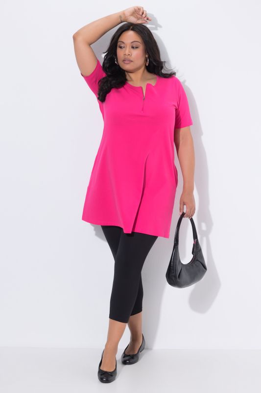 Zipper Neckline Knit Short Sleeve Pocket Tunic