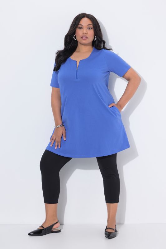 Zipper Neckline Knit Short Sleeve Pocket Tunic