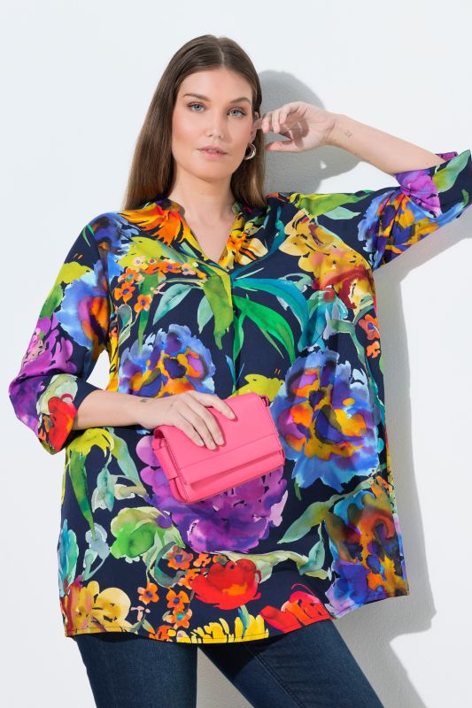 Foxglove Print 3/4 Sleeve Tunic Blouse