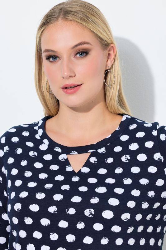 Polka Dot 3/4 Sleeve Keyhole Cutout Tee
