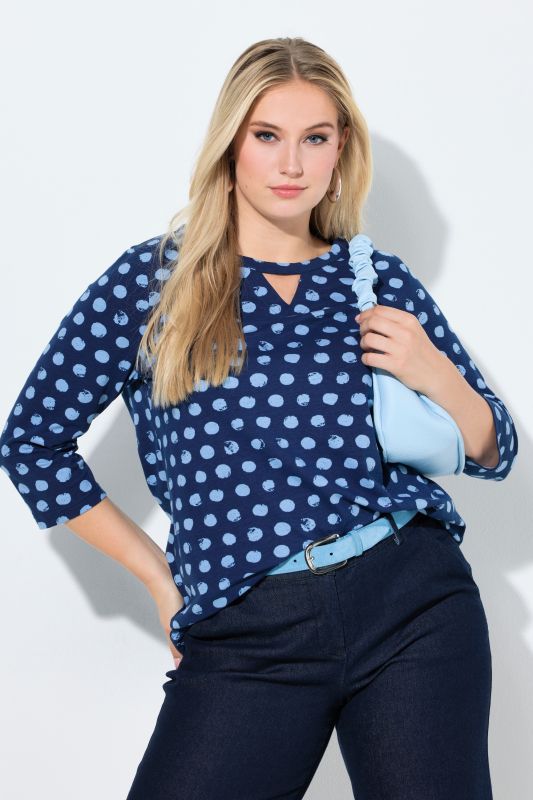 Polka Dot 3/4 Sleeve Keyhole Cutout Tee