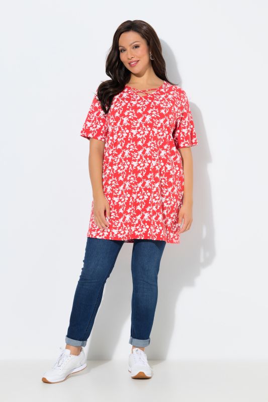 Cutout Floral Print Short Sleeve Knit Tunic