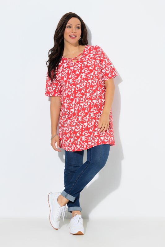 Cutout Floral Print Short Sleeve Knit Tunic