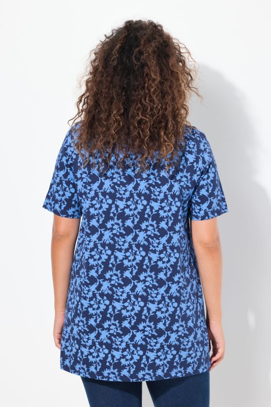 Cutout Floral Print Short Sleeve Knit Tunic