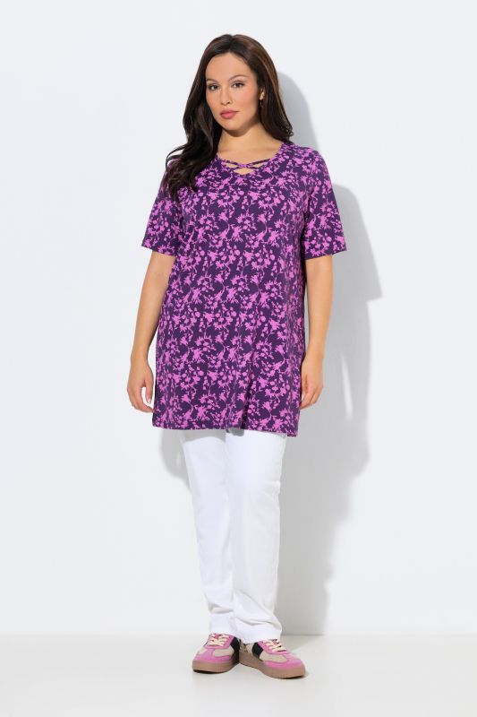 Cutout Floral Print Short Sleeve Knit Tunic