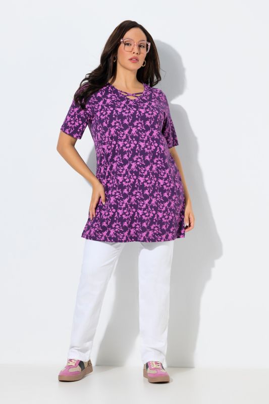 Cutout Floral Print Short Sleeve Knit Tunic