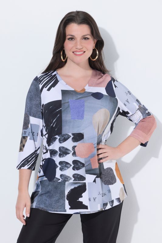 Patchwork Heart Stretch Knit 3/4 Sleeve Slinky Top