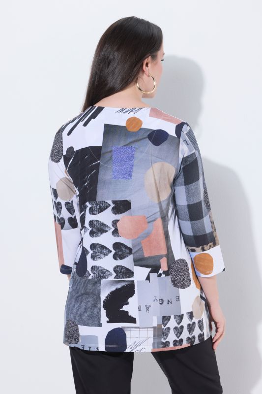 Patchwork Heart Stretch Knit 3/4 Sleeve Slinky Top