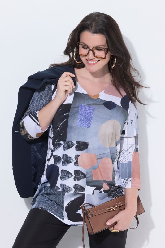 Patchwork Heart Stretch Knit 3/4 Sleeve Slinky Top