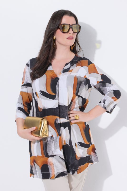 Abstract Print Stretch Knit 3/4 Sleeve Slinky Tunic