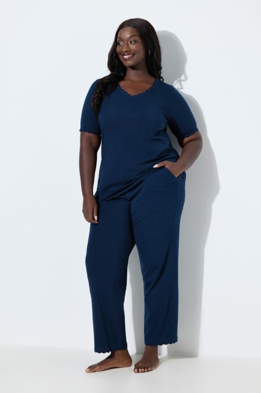 Eco Cotton Scalloped Lace Trimmed Two Piece Pajama Set