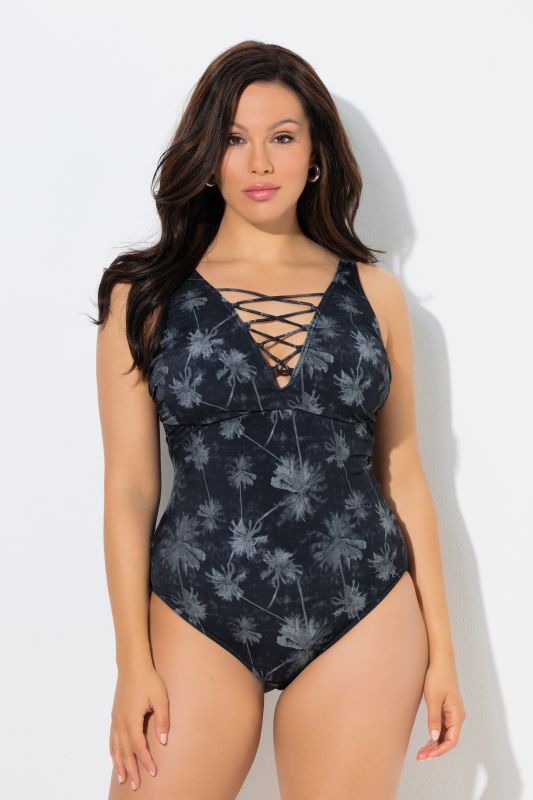 Palm Tree Print Lace Up Swimsuit