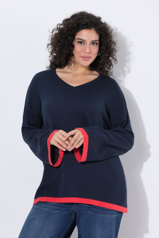 Contrast Cuff Long Sleeve V-Neck Sweater