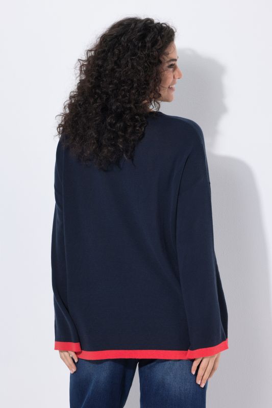 Contrast Cuff Long Sleeve V-Neck Sweater