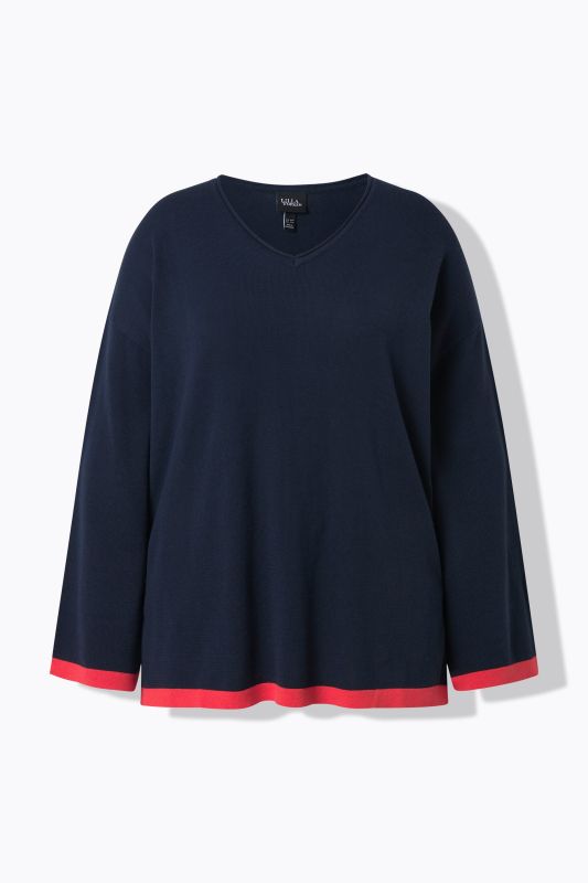 Contrast Cuff Long Sleeve V-Neck Sweater