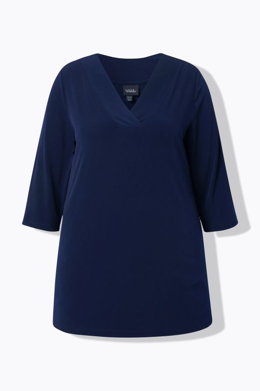 Matte Jersey V-Neck Swing Vented Three Quarter Sleeve Tunic