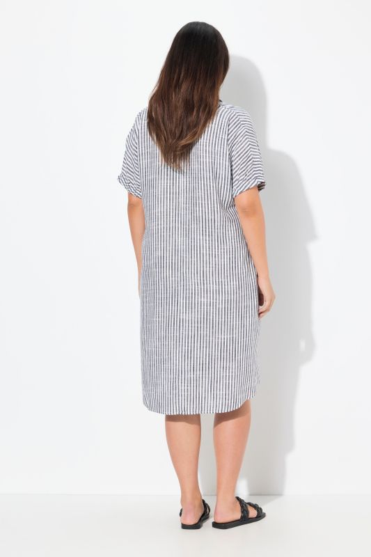 Coastal Striped Short Sleeve Collared Linen Blend Dress