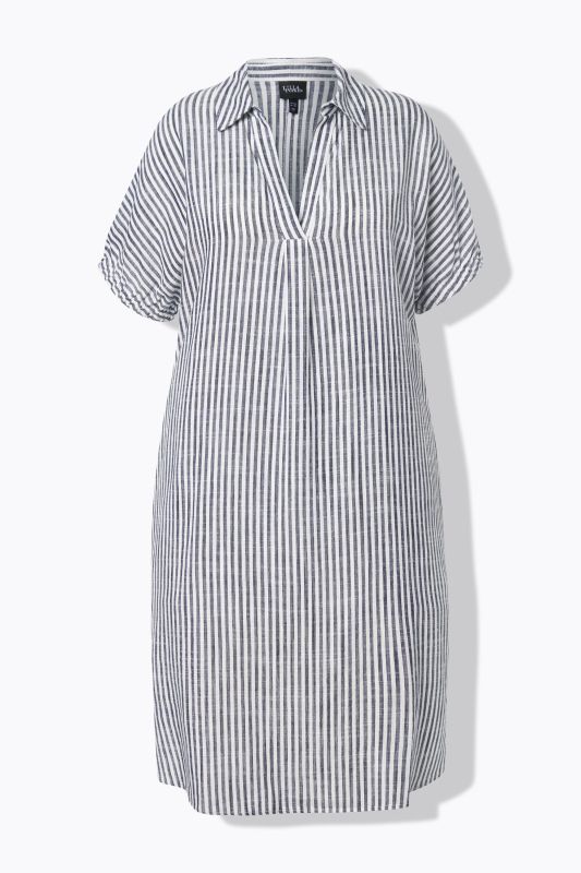 Coastal Striped Short Sleeve Collared Linen Blend Dress
