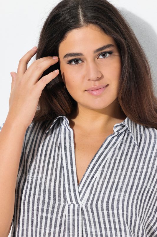 Coastal Striped Short Sleeve Collared Linen Blend Dress