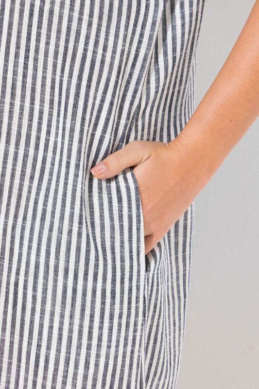 Coastal Striped Short Sleeve Collared Linen Blend Dress