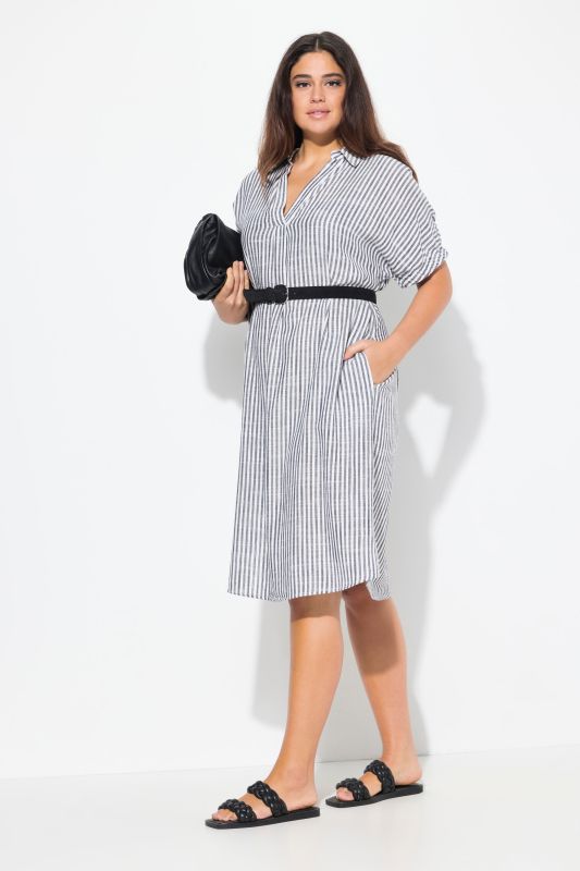 Coastal Striped Short Sleeve Collared Linen Blend Dress