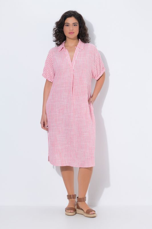 Coastal Striped Short Sleeve Collared Linen Blend Dress