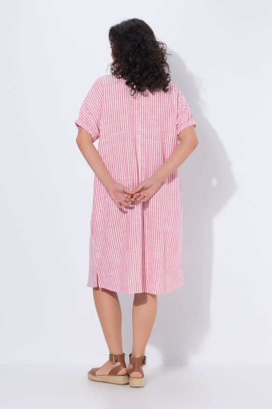 Coastal Striped Short Sleeve Collared Linen Blend Dress
