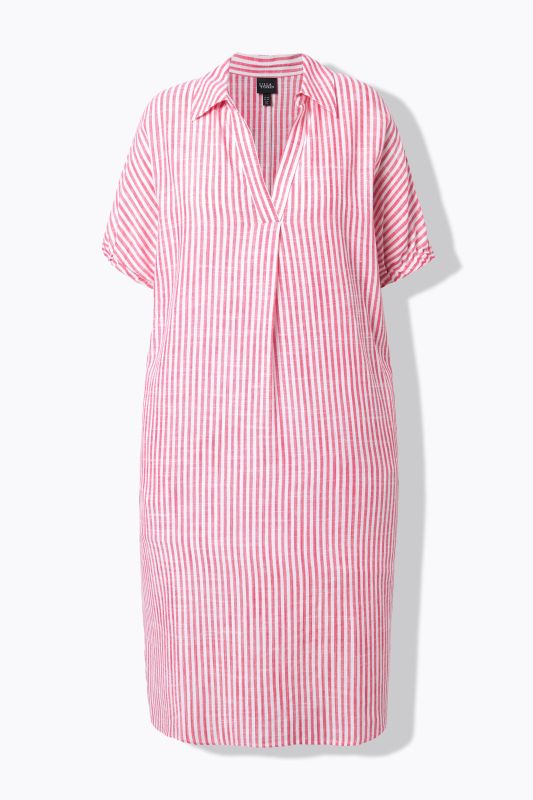 Coastal Striped Short Sleeve Collared Linen Blend Dress