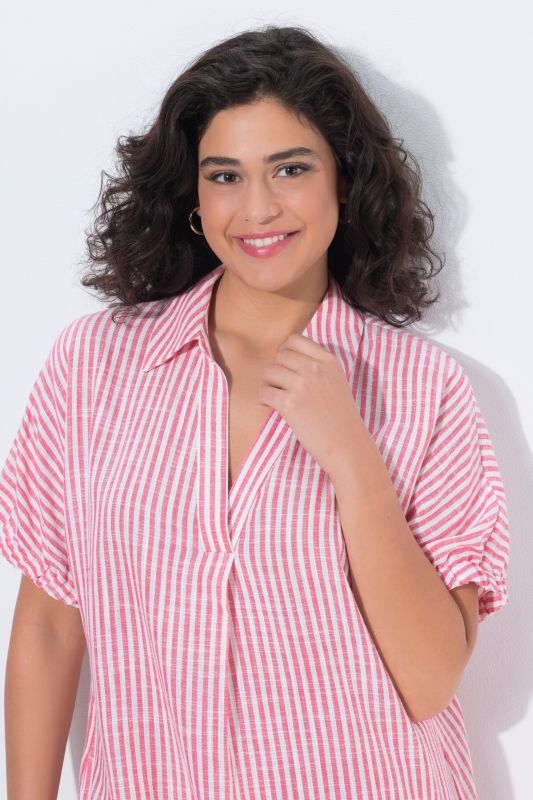 Coastal Striped Short Sleeve Collared Linen Blend Dress