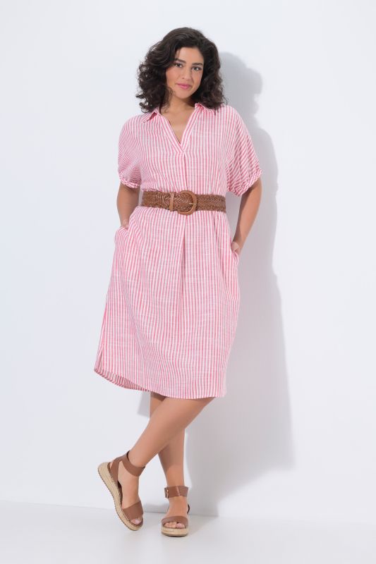 Coastal Striped Short Sleeve Collared Linen Blend Dress