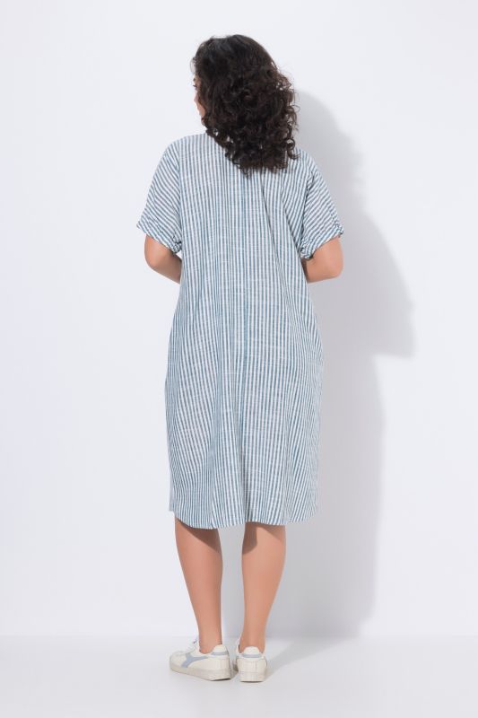 Coastal Striped Short Sleeve Collared Linen Blend Dress