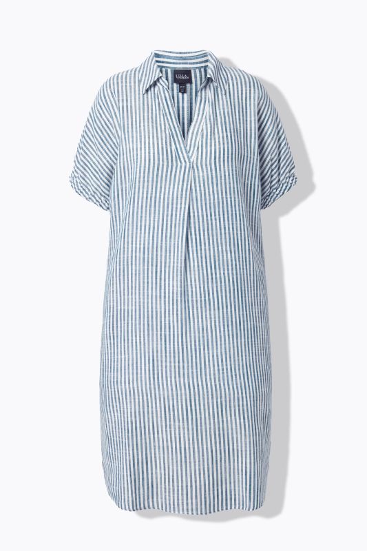 Coastal Striped Short Sleeve Collared Linen Blend Dress
