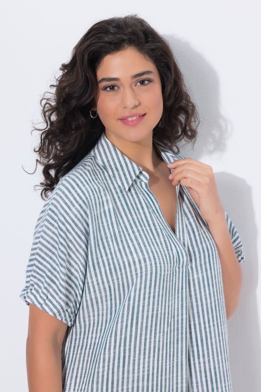 Coastal Striped Short Sleeve Collared Linen Blend Dress