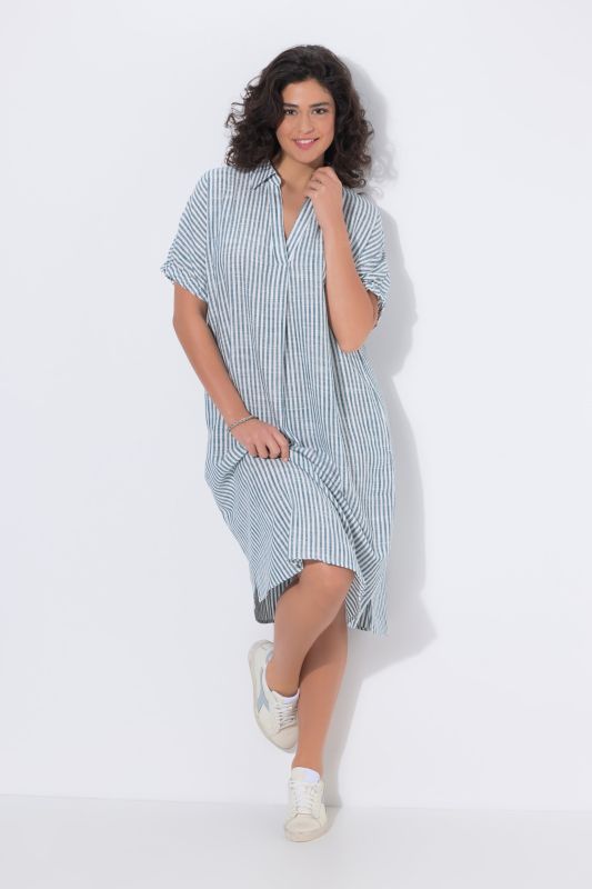 Coastal Striped Short Sleeve Collared Linen Blend Dress