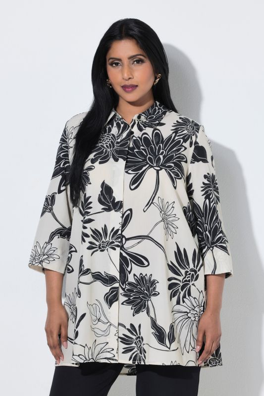 Flower Print 3/4 Sleeve Lyocell Tunic Blouse