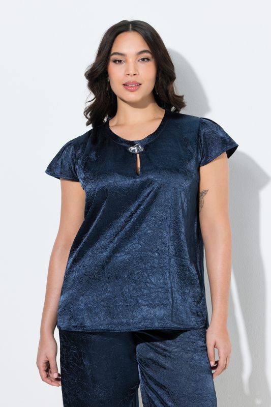 Crinkle Texture Crepe Satin Cap Sleeve Blouse