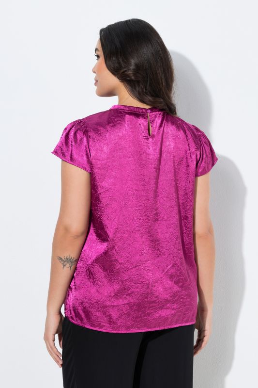 Crinkle Texture Crepe Satin Cap Sleeve Blouse