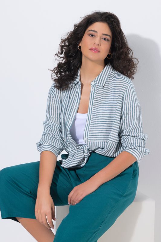 Mixed Stripe Linen Blend Tunic Blouse