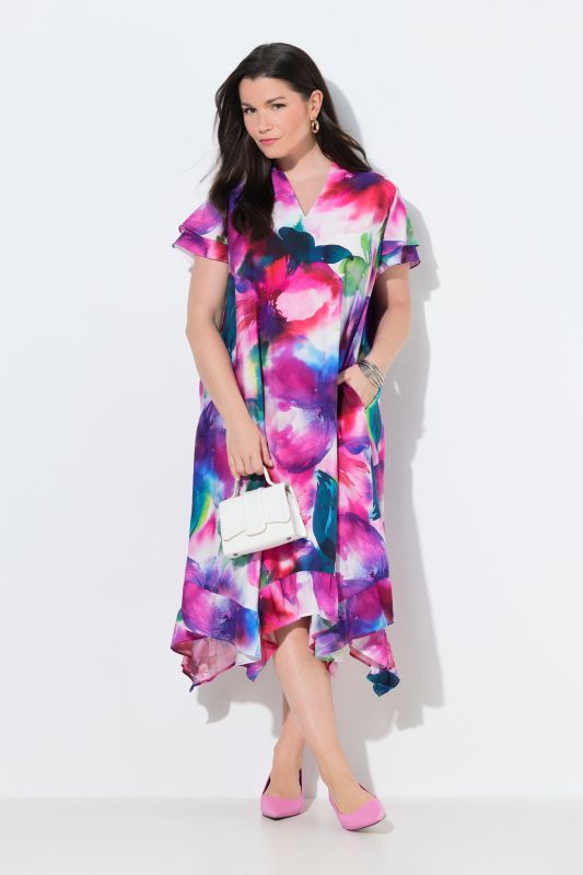 Watercolor Floral Handkerchief Hem Dress