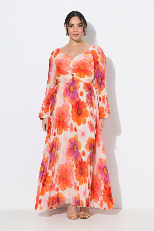 Bright Floral Pleated Long Sleeve Empire Waist Maxi Dress