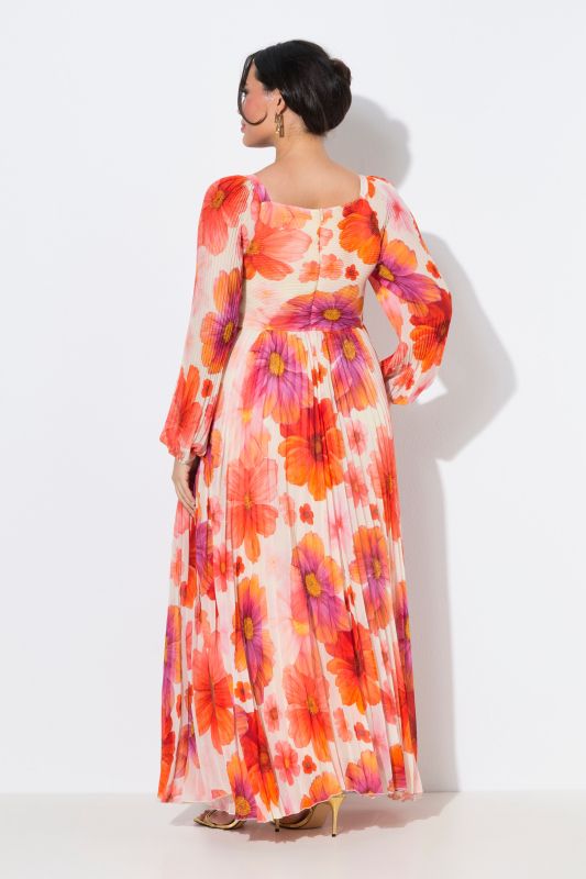 Bright Floral Pleated Long Sleeve Empire Waist Maxi Dress