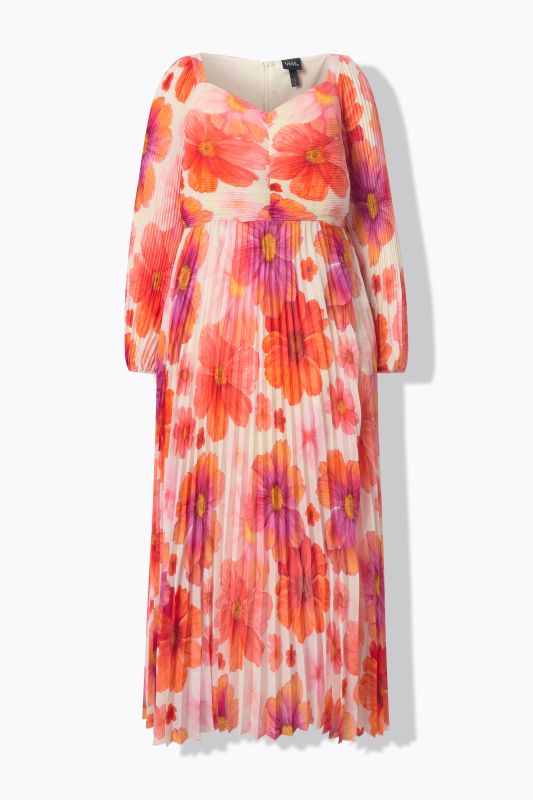 Bright Floral Pleated Long Sleeve Empire Waist Maxi Dress