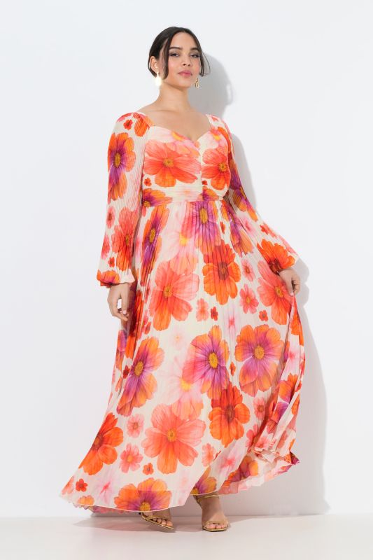 Bright Floral Pleated Long Sleeve Empire Waist Maxi Dress