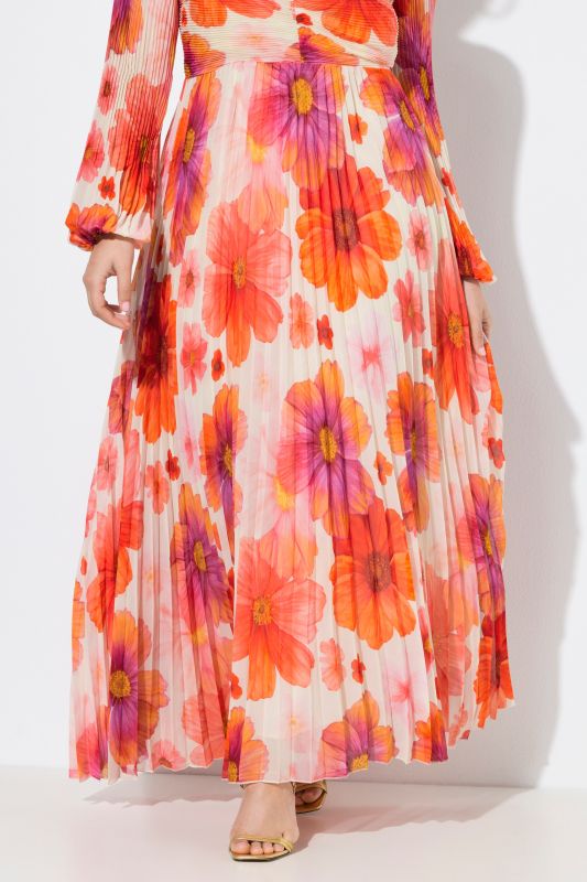 Bright Floral Pleated Long Sleeve Empire Waist Maxi Dress