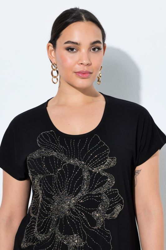 Beaded Flower Cap Sleeve T-Shirt Blouse